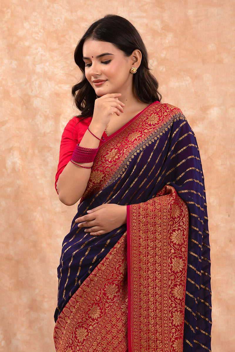 Navy Blue Handwoven Georgette Khaddi Silk Saree - Chinaya Banaras