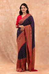 Women In Navy Blue Handwoven Georgette Khaddi Silk Saree At Chinaya Banaras