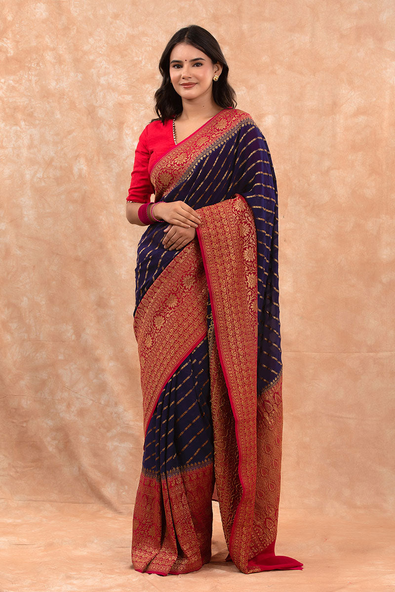 Women In Navy Blue Handwoven Georgette Khaddi Silk Saree At Chinaya Banaras