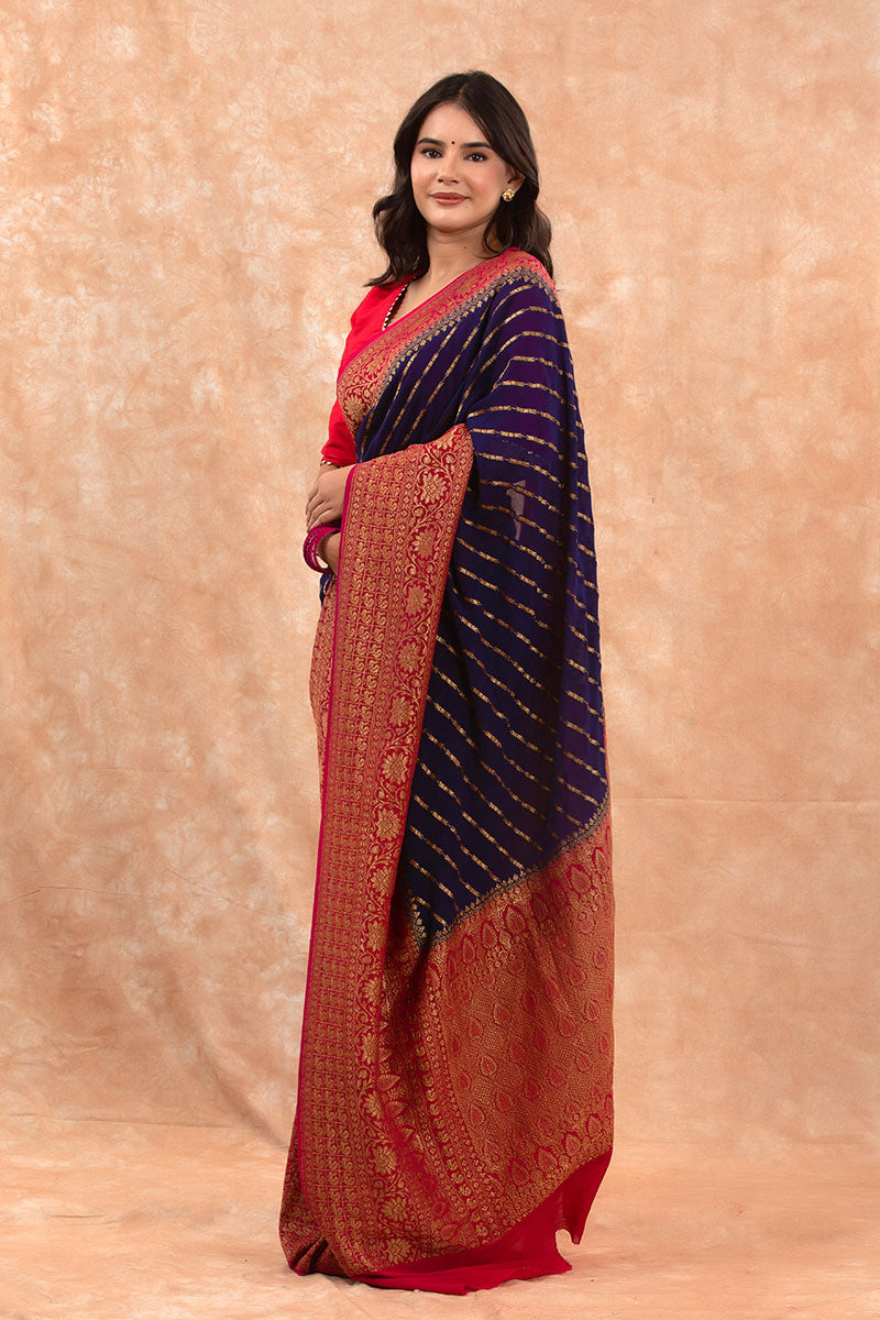 Navy Blue Handwoven Georgette Khaddi Silk Saree - Chinaya Banaras