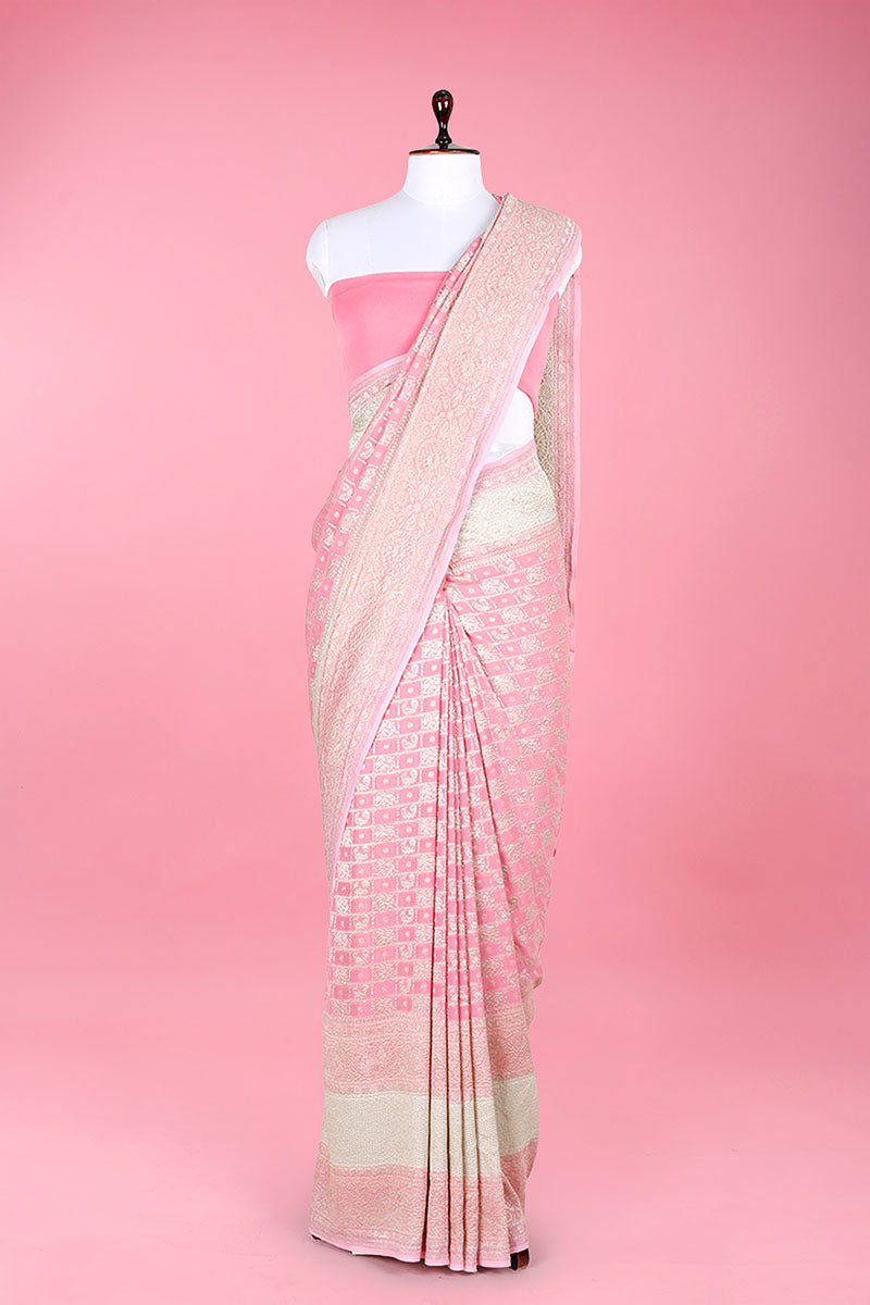 Pastel Pink Woven Georgette Khaddi Silk Saree At Chinaya Banaras