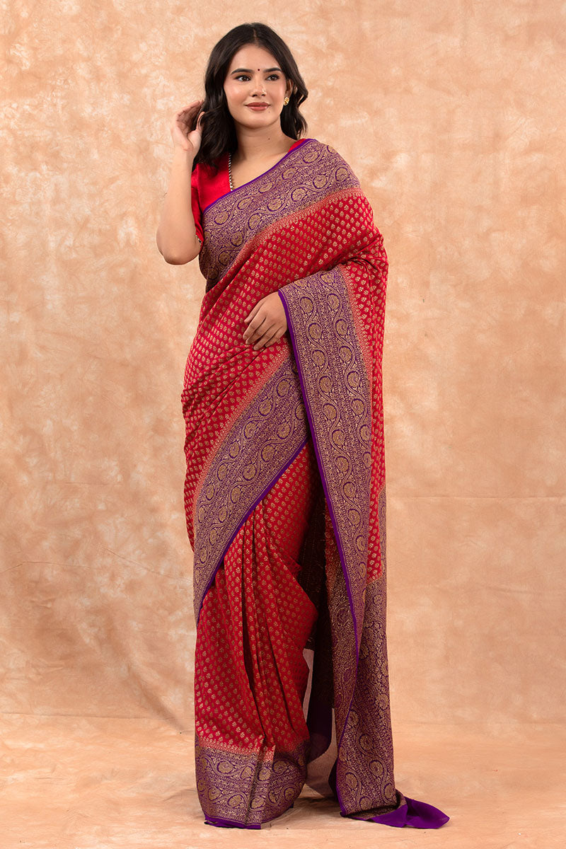 Woman In Red Handwoven Georgette Khaddi Silk Saree At Chinaya Banaras