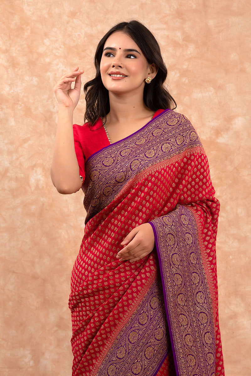 Red Handwoven Georgette Khaddi Silk Saree - Chinaya Banaras