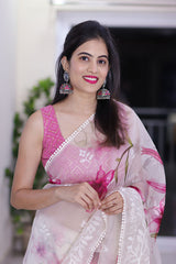White & Pink Floral Digital Printed Organza Silk Saree