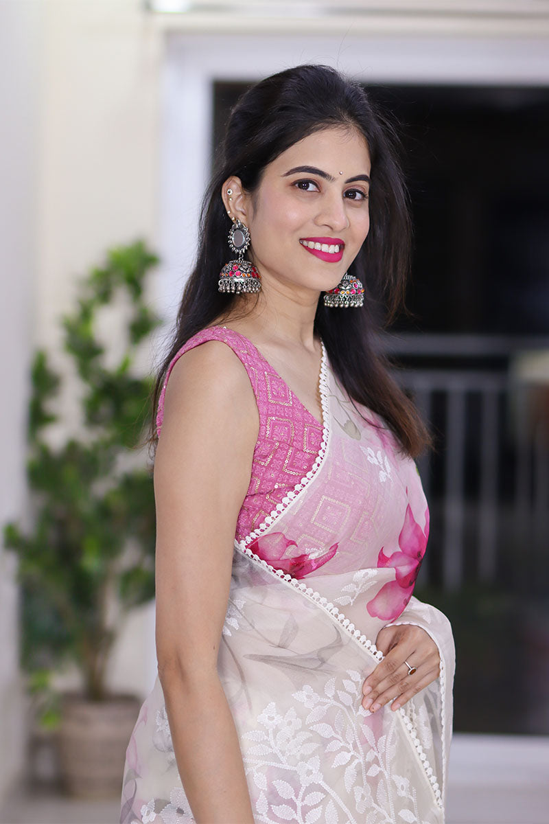 White & Pink Floral Digital Printed Organza Silk Saree