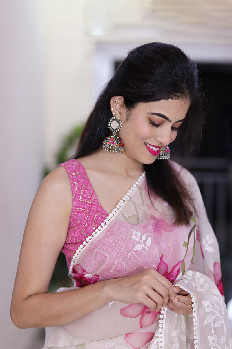 Alkananda Bodapaty In White & Pink Floral Digital Printed Organza Silk Saree - Chinaya Banaras