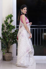 White & Pink Floral Digital Printed Organza Silk Saree