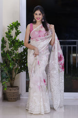 White & Pink Floral Digital Printed Organza Silk Saree