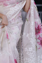 White & Pink Floral Digital Printed Organza Silk Saree