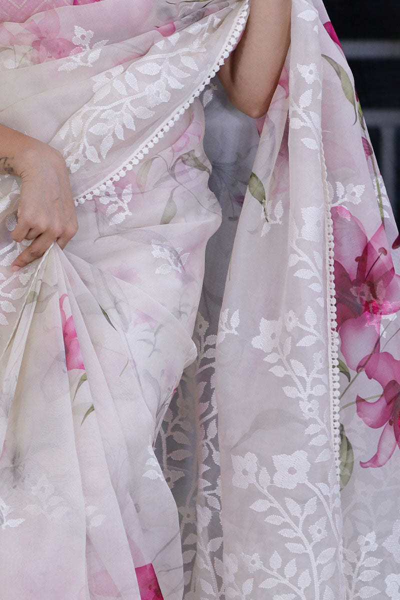 White & Pink Floral Digital Printed Organza Silk Saree