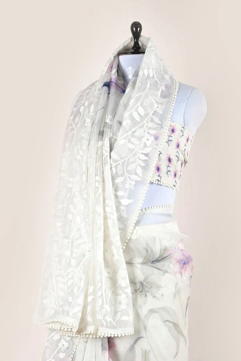 White & Lilac Floral Digital Printed Organza Silk Saree