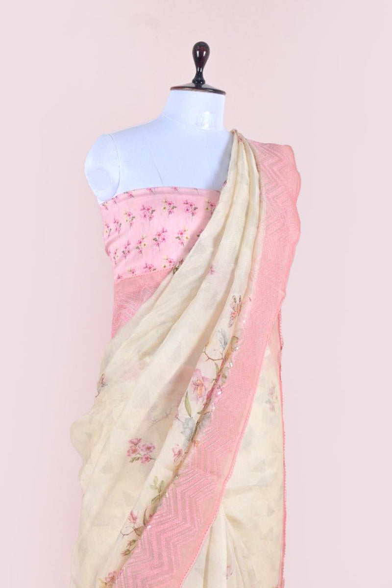 Pink Embellished Organza Silk Saree - Chinaya Banaras