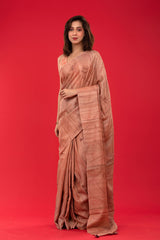 Hazelnut Brown Embroidered Tussar Silk Saree - Chinaya Banaras