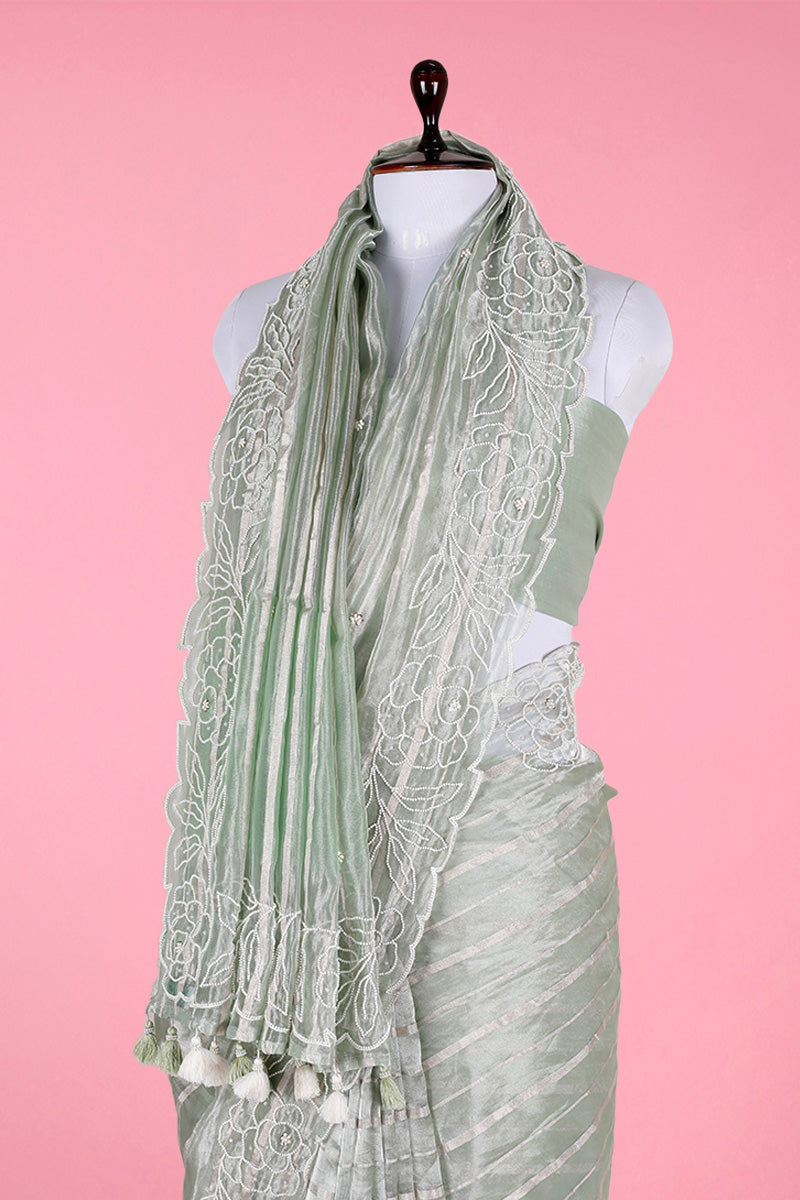 Mint Green Embellished Tissue Silk Saree - Chinaya Banaras