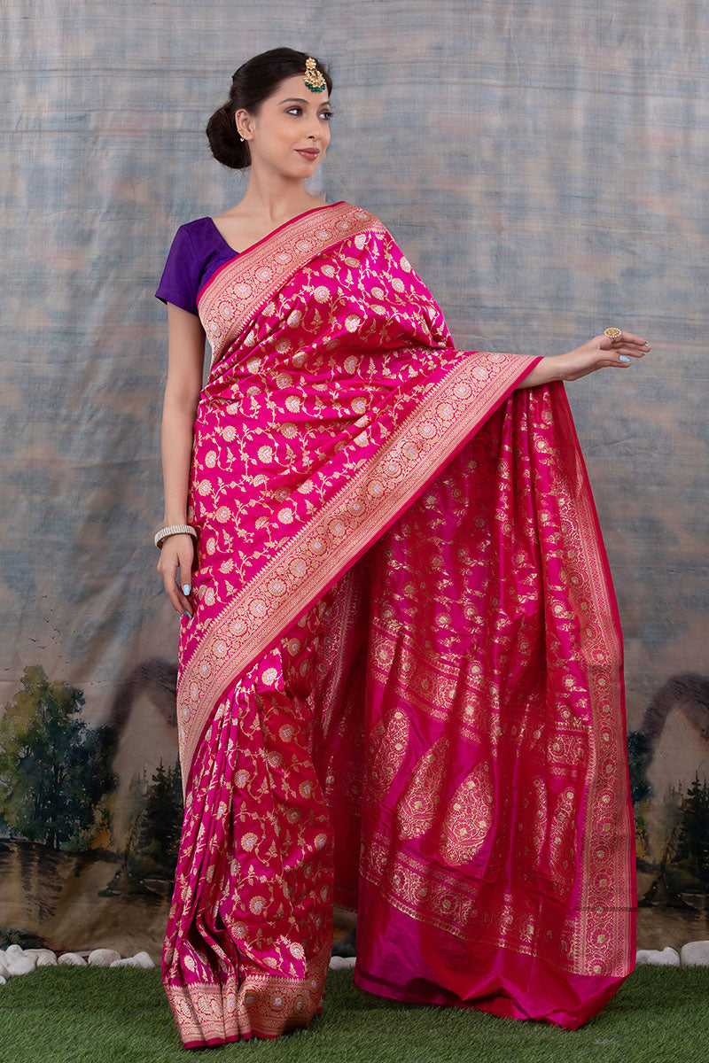 Rani Pink Floral Jaal Handwoven Banarasi Silk Saree