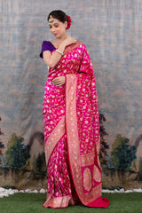 Rani Pink Floral Jaal Handwoven Banarasi Katan Silk Saree - Chinaya Banaras