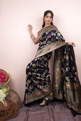 Navy Blue Kadhwa Weave Banarasi Silk Saree