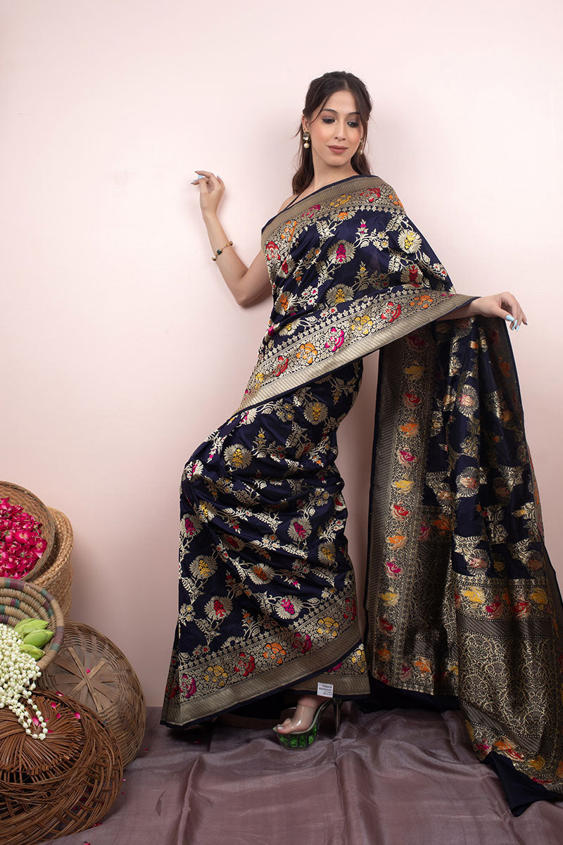Navy Blue Kadhwa Weave Banarasi Silk Saree