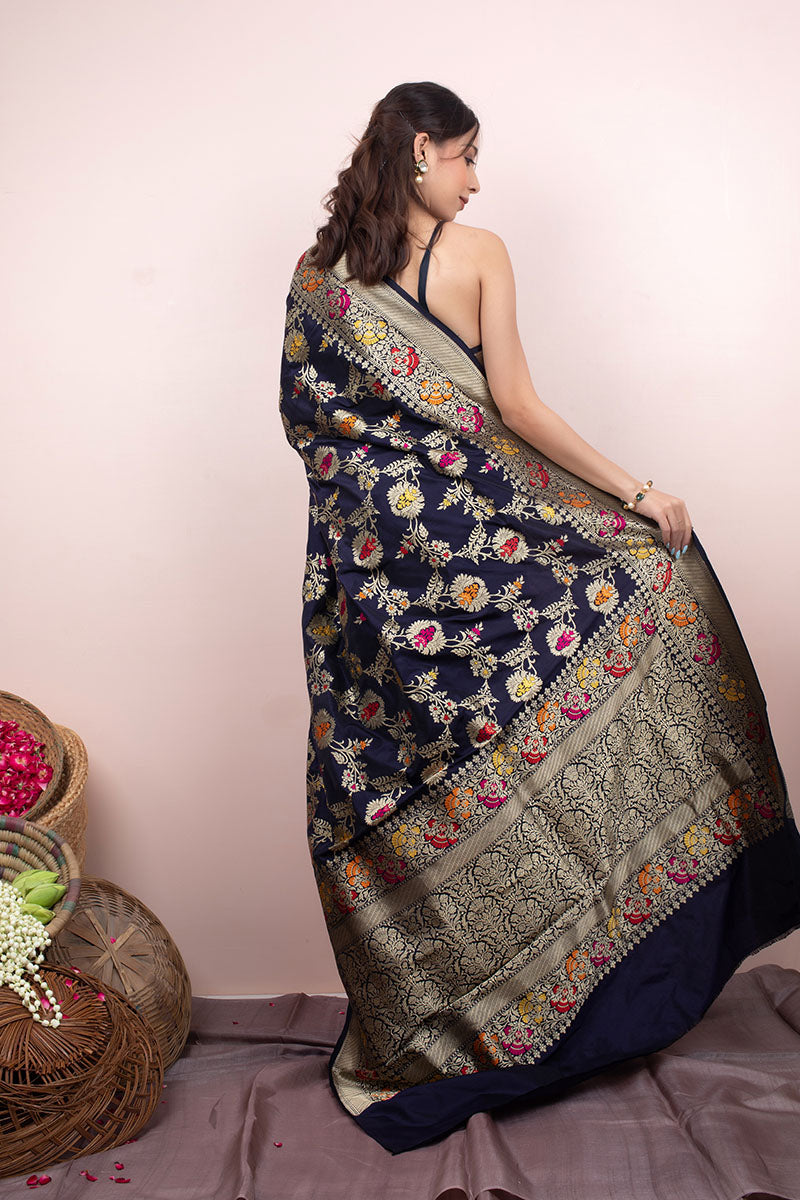 Navy Blue Kadhwa Weave Banarasi Silk Saree - Chinaya Banaras