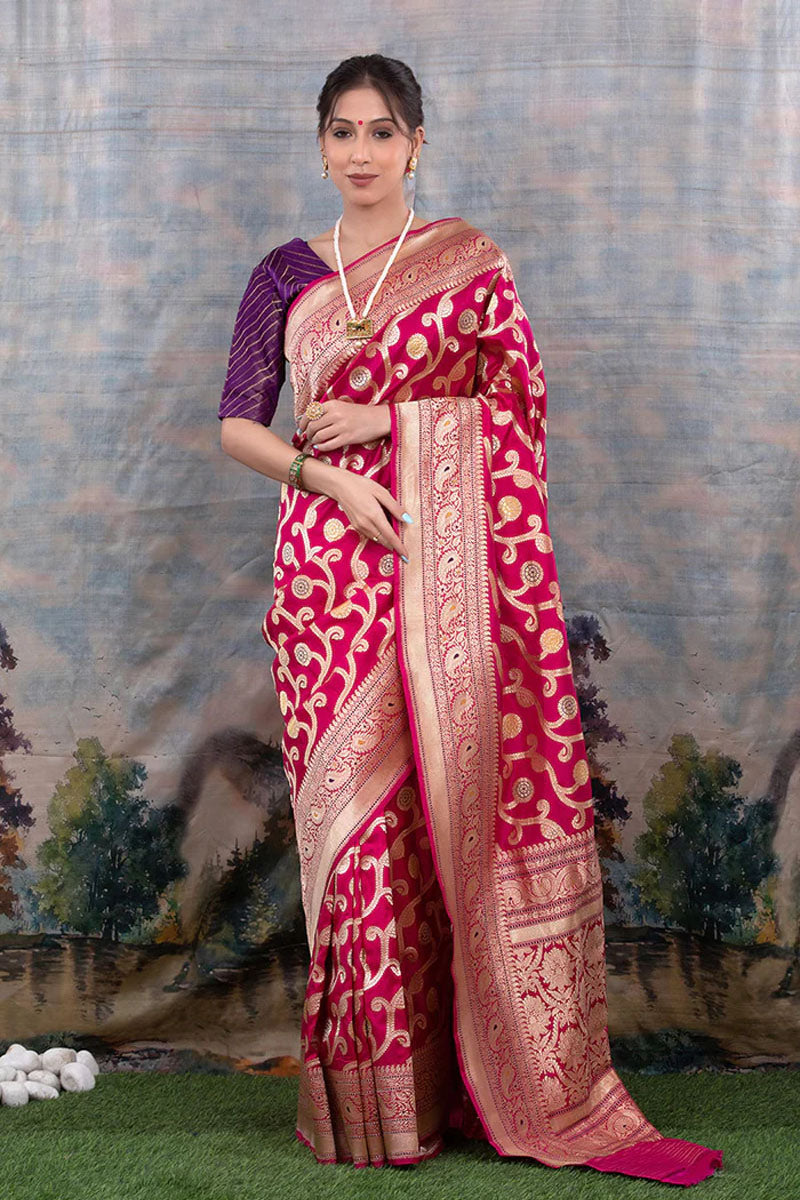 Women in Pink Banarasi Silk Saree at Chinaya Banaars