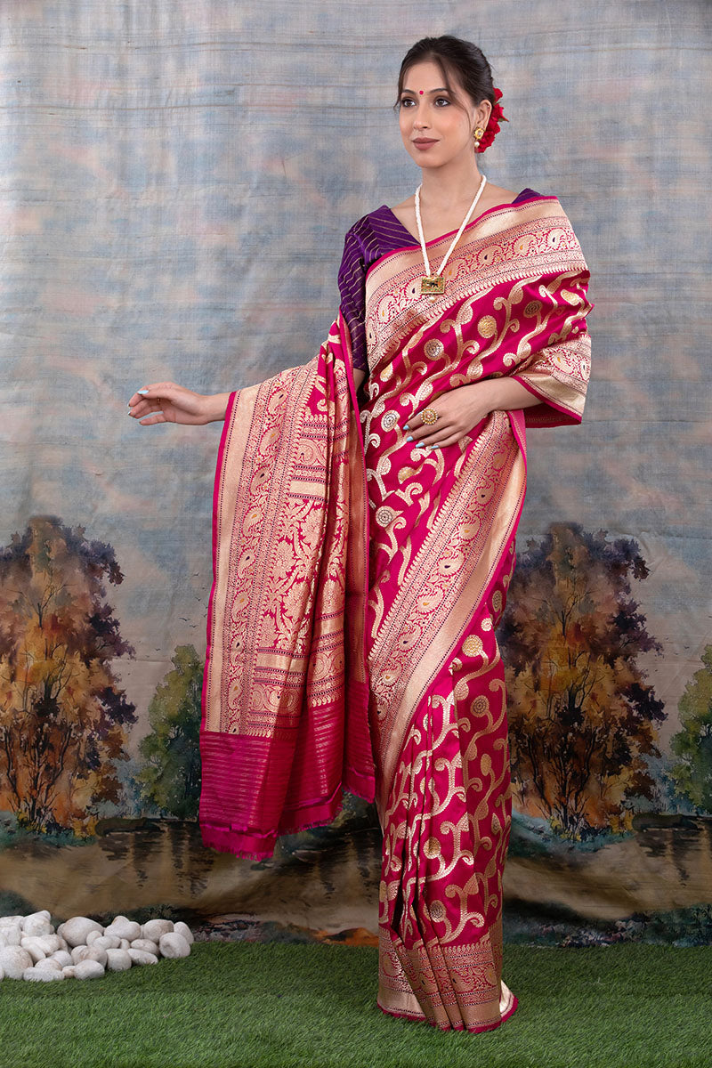 Ruby Pink Kadhwa Weave Handwoven Banarasi Silk Saree