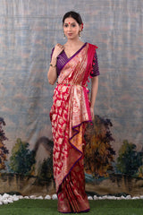 Crimson Red Handwoven Banarasi Katan Silk Saree - Chinaya Banaras
