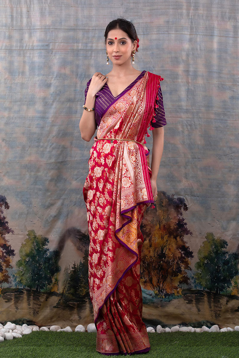 Crimson Red Handwoven Banarasi Katan Silk Saree - Chinaya Banaras