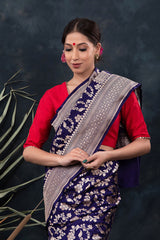 Navy Blue Floral Jaal Handwoven Banarasi Silk Saree