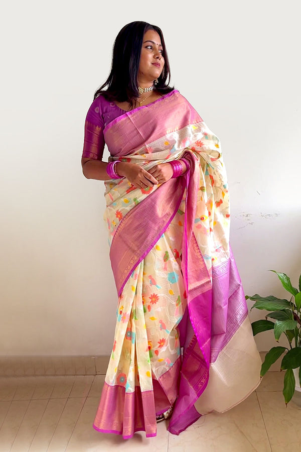Women in White Woven Banarasi Cotton Saree at Chinaya Banaras