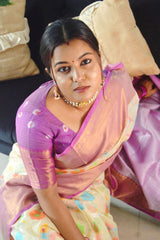 Women in White Woven Banarasi Cotton Saree at Chinaya Banaras