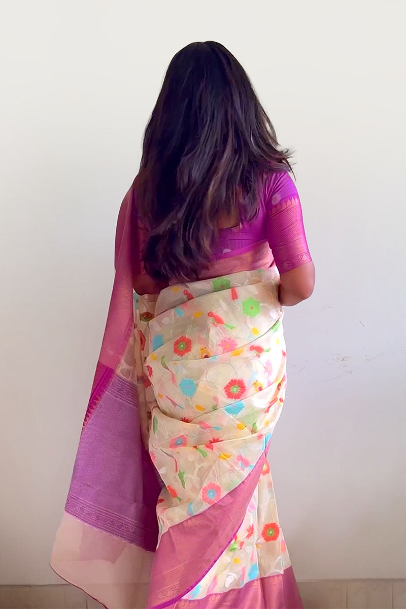 Women in White Woven Banarasi Cotton Saree at Chinaya Banaras