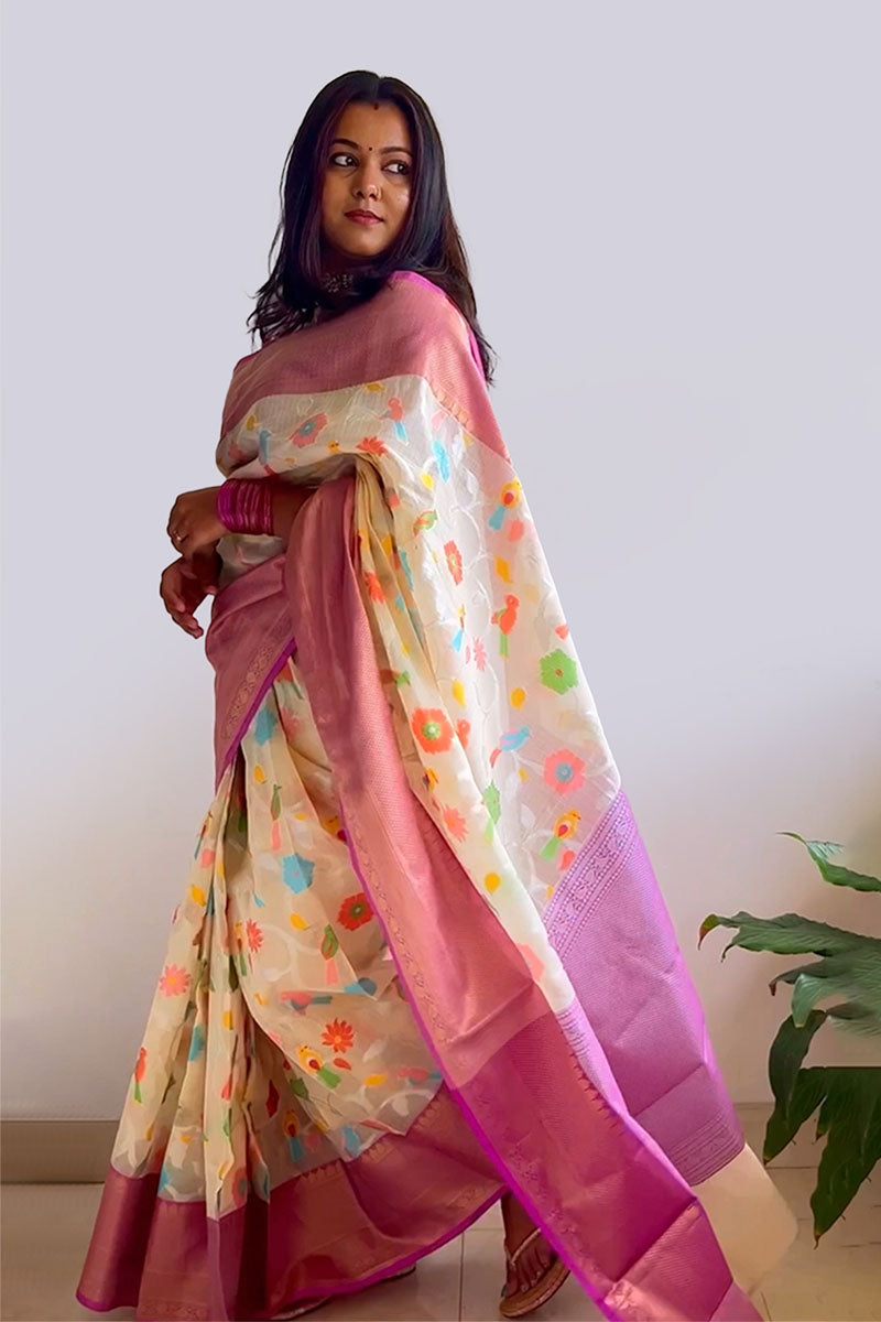 Women in White Woven Banarasi Cotton Saree at Chinaya Banaras