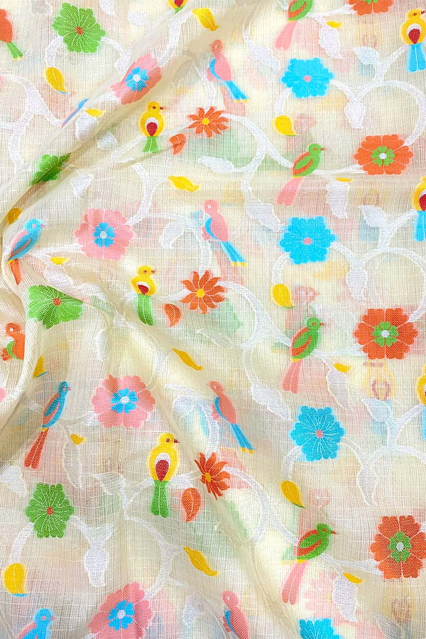 White Floral Jaal Woven Banarasi Cotton Saree