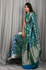 Elegant Peacock Blue Handwoven Banarasi Silk Saree