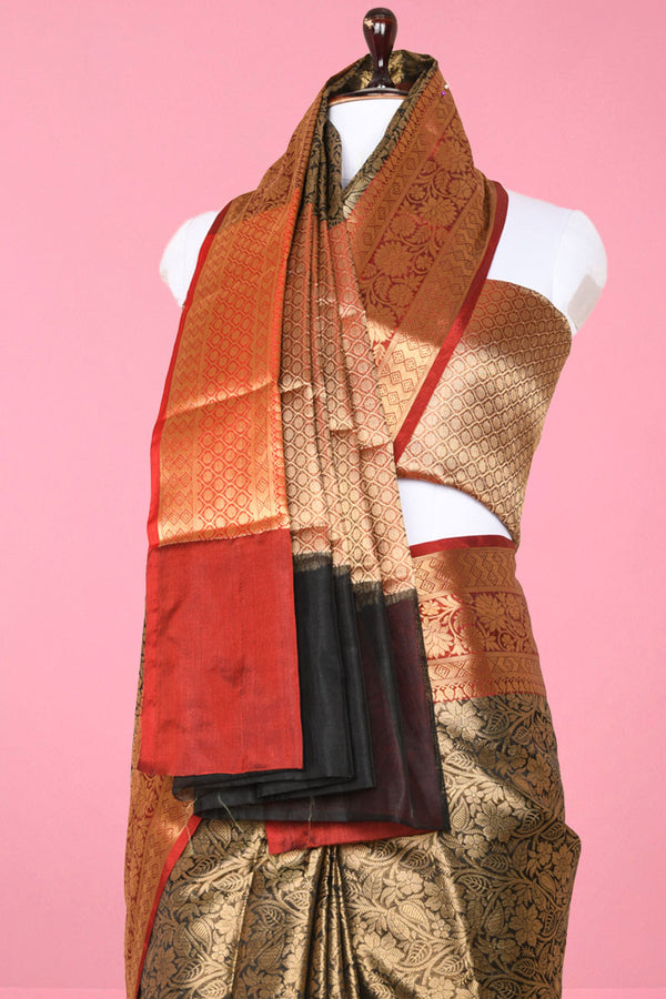 Black & Red Tanchoi Woven Banarasi Cotton Saree - Chinaya Banaras