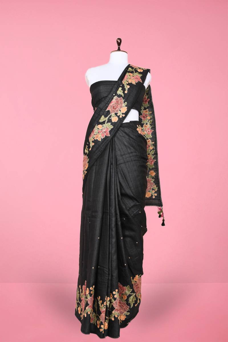 Black Embroidered Tussar Silk Saree By Chinaya Banaras