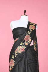 Deep Black Embroidered Tussar Silk Saree