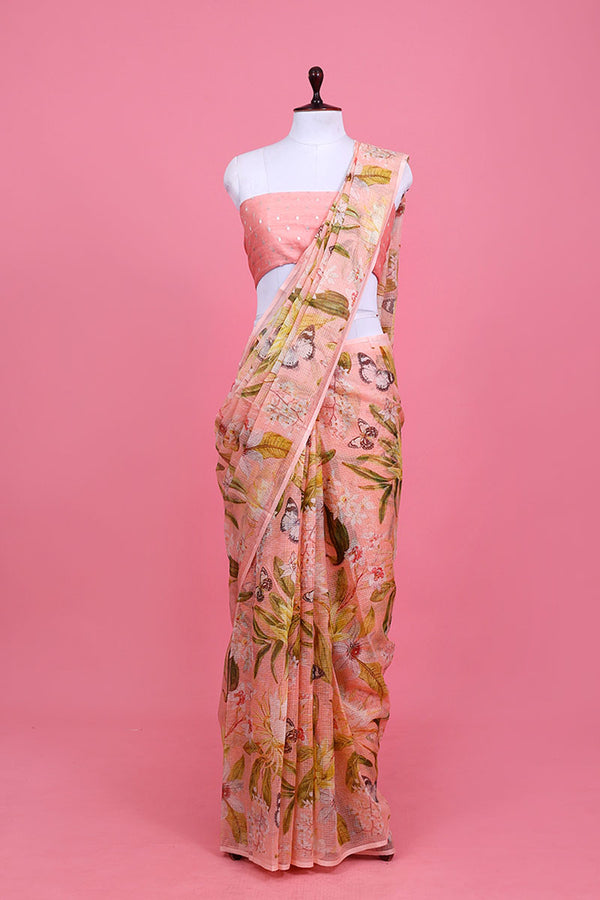 Peach Floral Printed Kota Doria Saree By Chinaya Banaras