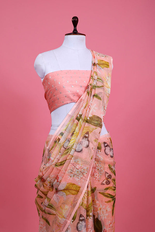 Peach Floral Printed Kota Doria Saree - Chinaya Banaras