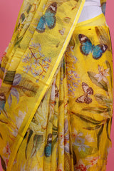 Yellow Floral Printed Kota Doria Saree - Chinaya Banaras