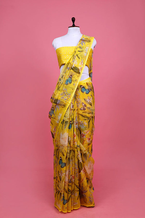 Yellow Floral Printed Kota Doria Saree By Chinaya Banaras