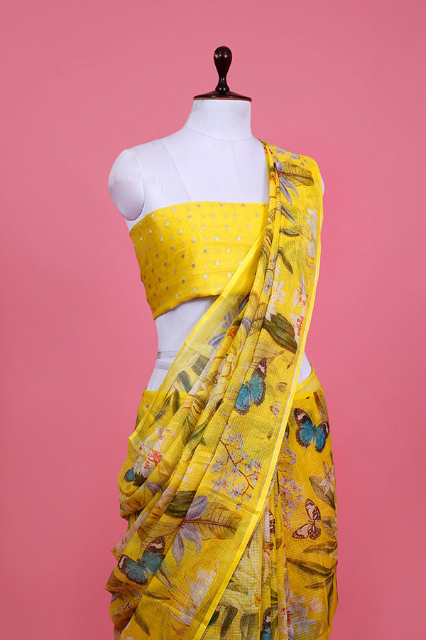 Yellow Floral Printed Kota Doria Saree - Chinaya Banaras