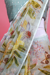 Powder Blue Floral Printed Kota Doria Saree - Chinaya Banaras