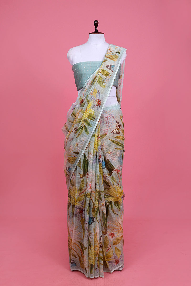 Powder Blue Floral Printed Kota Doria Saree By Chinaya Banaras