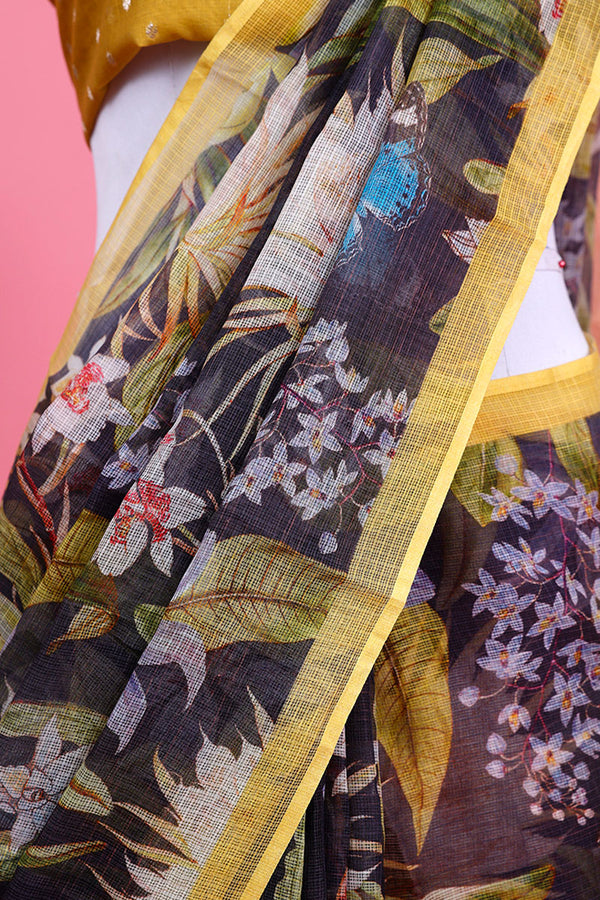 Grey & Yellow Floral Printed Kota Doria Saree - Chinaya Banaras