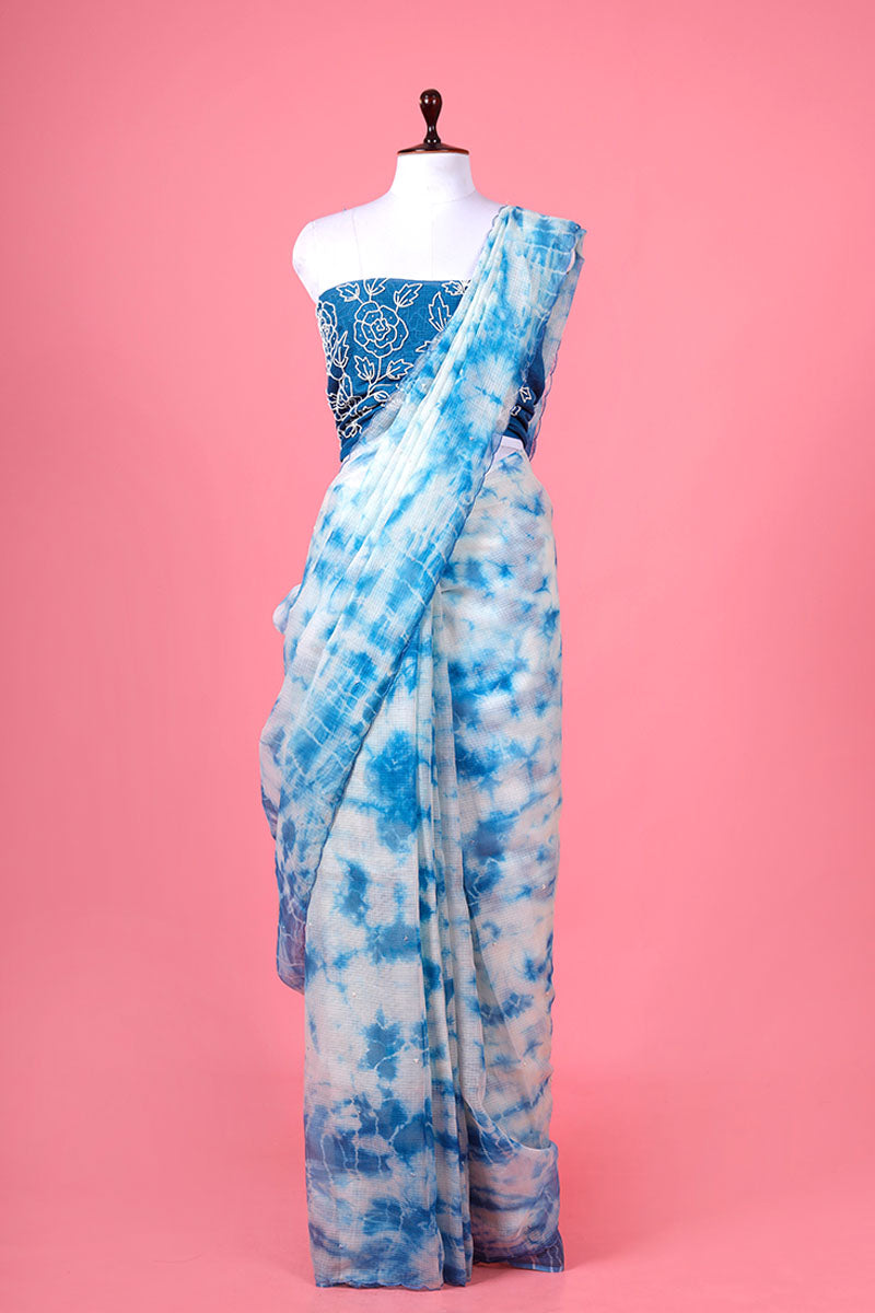 Blue Tie & Dye Embellished Kota Doria Saree by Chinaya Banaras