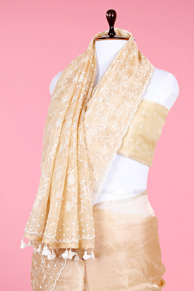 Almond White Embellished Tissue Silk Saree - Chinaya Banaras