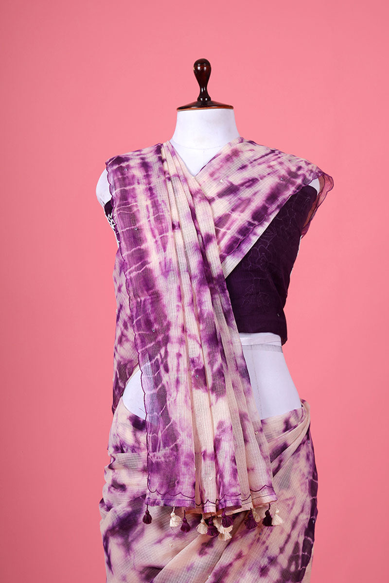 Deep Purple Tie & Dye Embellished Kota Doria Saree