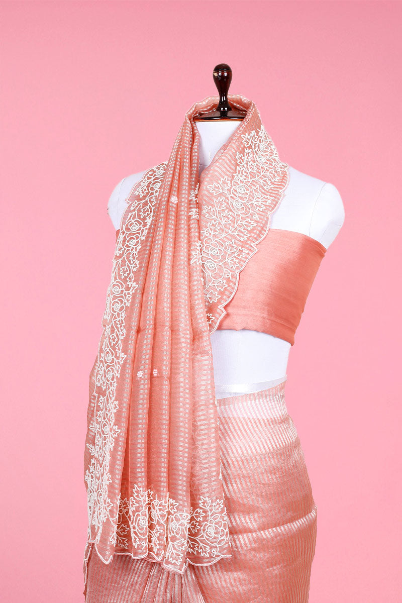Peach Embellished Tissue Silk Saree - Chinaya Banaras