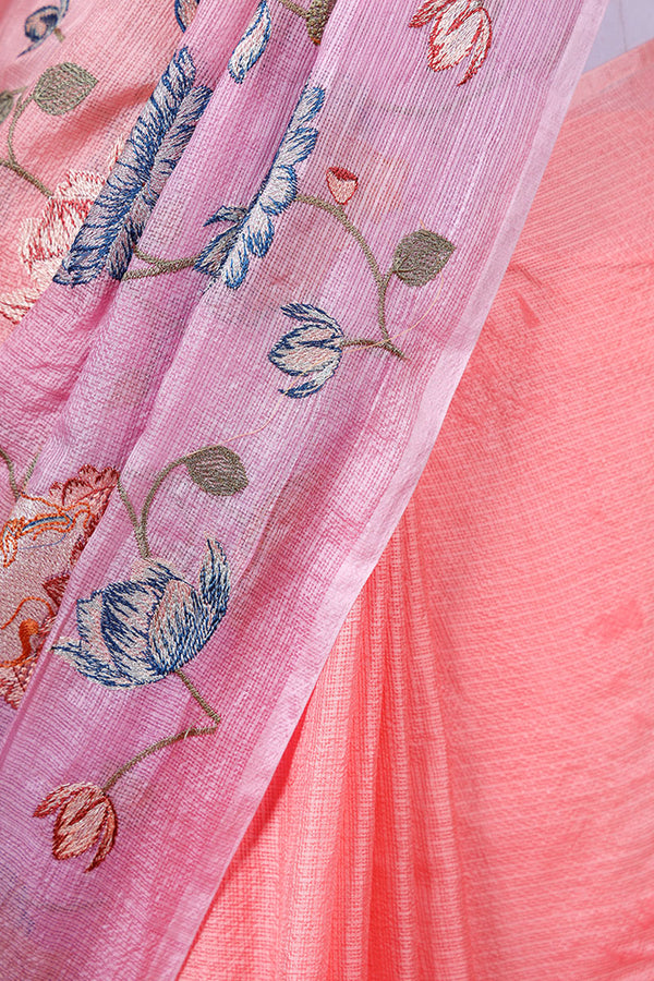 Peach & Pink Floral Jaal Embroidered Kota Doria Saree